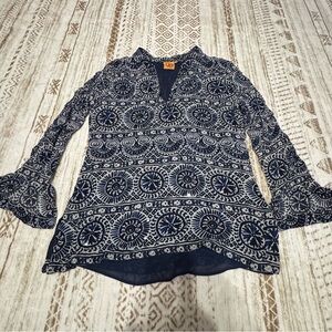 LIKE NEW Tory Burch Silk Blend Geometric Boho Blouse Tunic Top Navy Blue Size 14